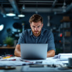 A photograph of a lighting contractor using a laptop in a well-lit workspace