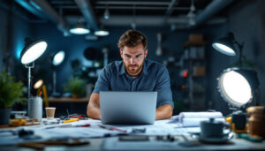 A photograph of a lighting contractor using a laptop in a well-lit workspace