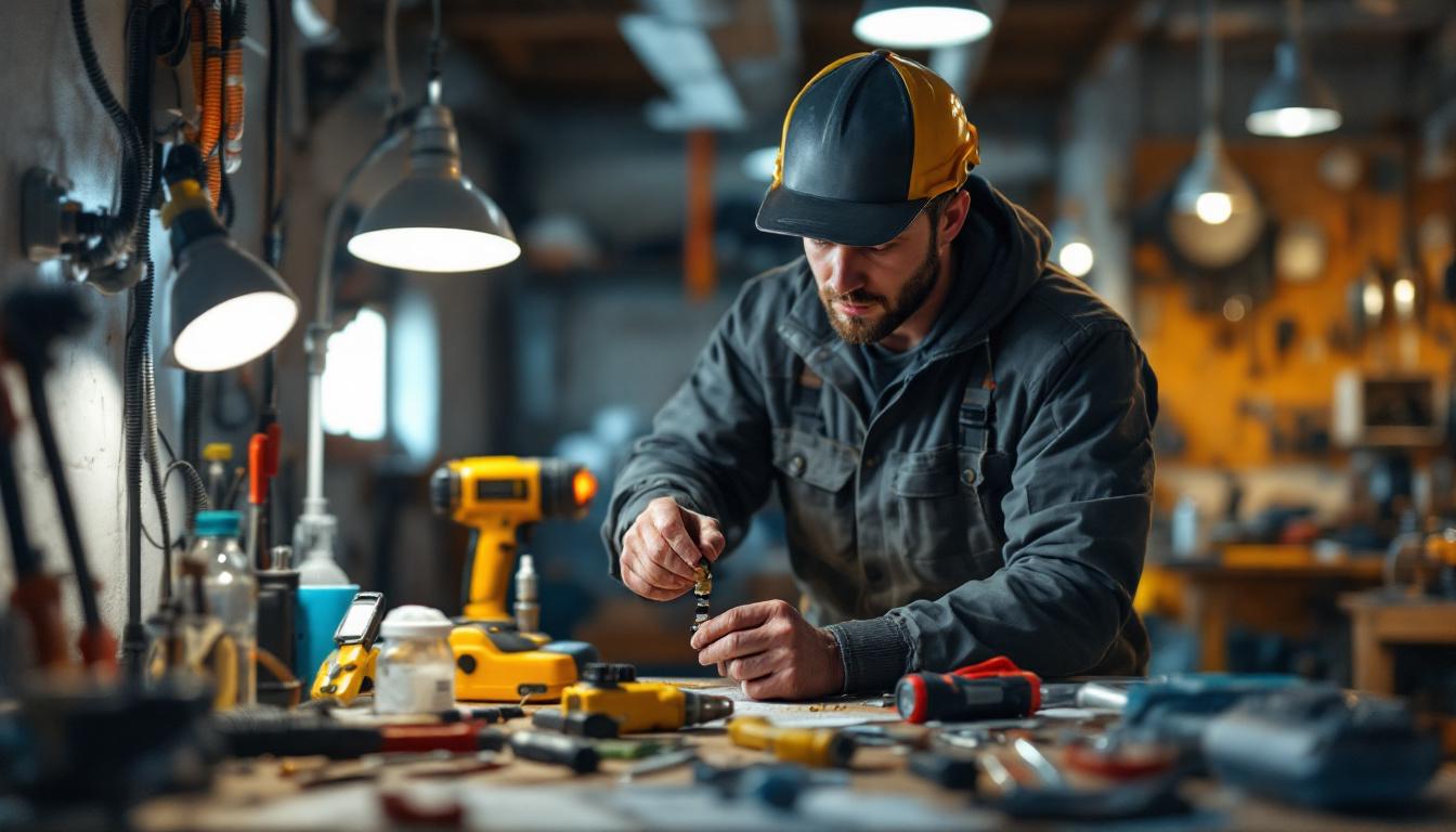 A photograph of a skilled lighting contractor using a washer plug adapter in a well-lit workspace