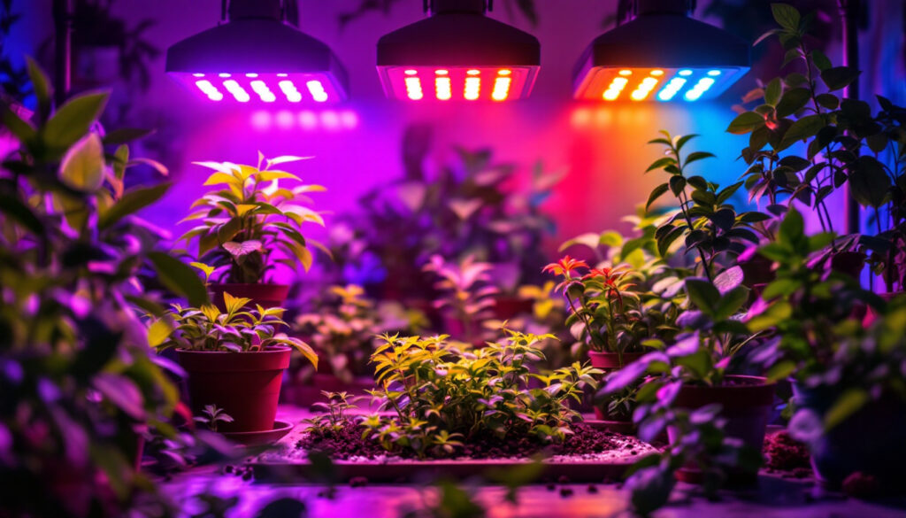 A photograph of a well-lit indoor garden showcasing various plants thriving under vibrant led grow lights