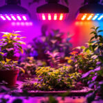 A photograph of a well-lit indoor garden showcasing various plants thriving under vibrant led grow lights