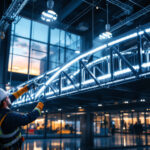 A photograph of a lighting contractor expertly installing a modern light bridge in a commercial setting