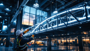 A photograph of a lighting contractor expertly installing a modern light bridge in a commercial setting