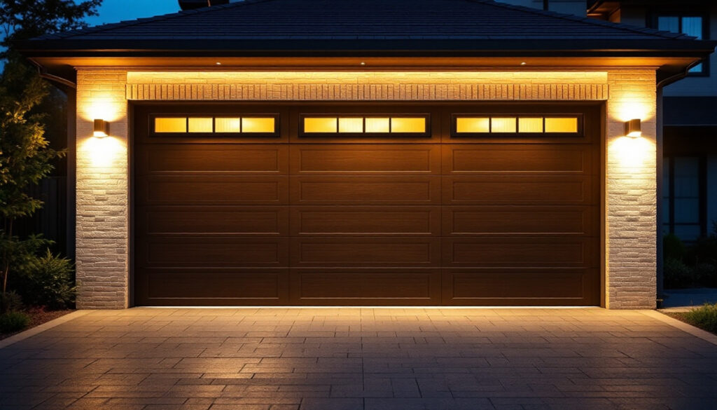 A photograph of a well-lit garage entrance at dusk