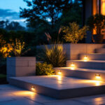 A photograph of a beautifully illuminated outdoor space featuring stylish step light fixtures that enhance safety and ambiance