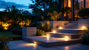 A photograph of a beautifully illuminated outdoor space featuring stylish step light fixtures that enhance safety and ambiance