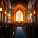 A photograph of a beautifully lit church interior during a service