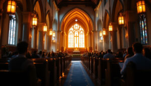 A photograph of a beautifully lit church interior during a service