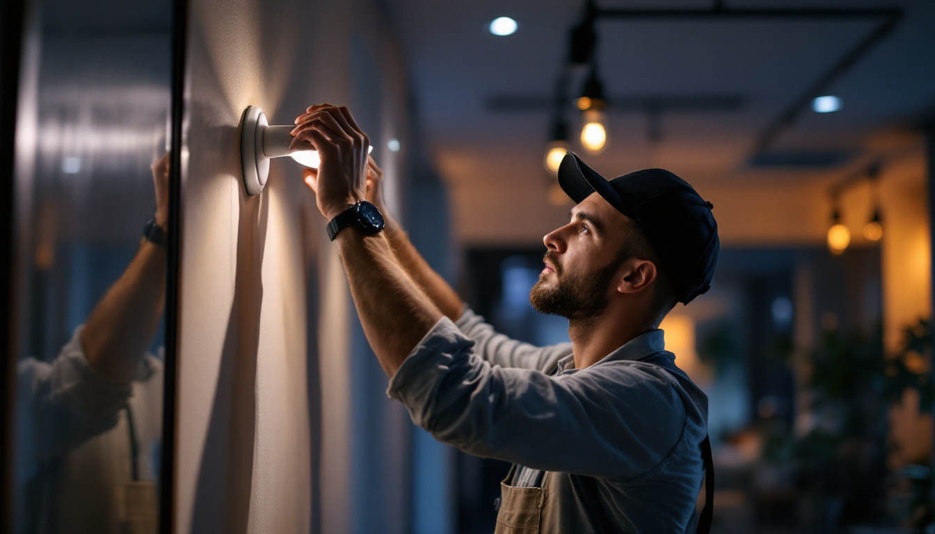 A photograph of a skilled lighting contractor adjusting a dimmable led fixture in a modern