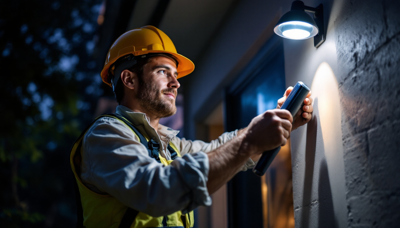 A photograph of a lighting contractor installing solar cell lights in a residential or commercial setting