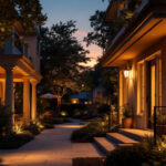 A photograph of a beautifully illuminated outdoor space at dusk