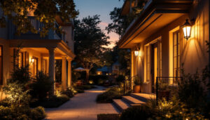 A photograph of a beautifully illuminated outdoor space at dusk
