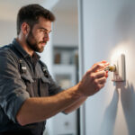 A photograph of a skilled lighting contractor demonstrating the installation of a 3-way switch in a well-lit room