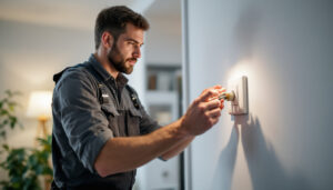 A photograph of a skilled lighting contractor demonstrating the installation of a 3-way switch in a well-lit room
