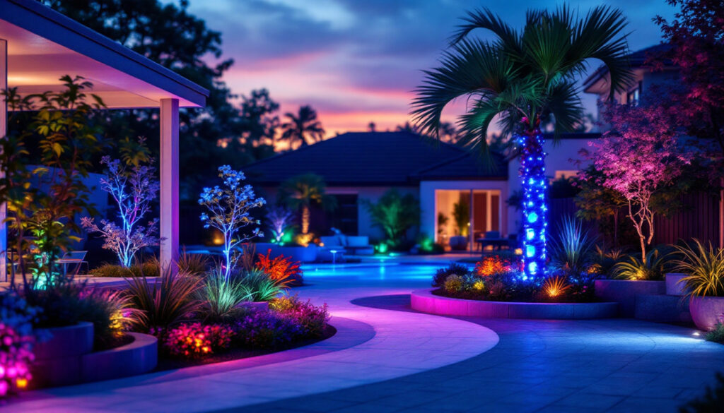 A photograph of a vibrant outdoor scene showcasing various led lighting installations in a residential or commercial setting