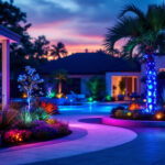 A photograph of a vibrant outdoor scene showcasing various led lighting installations in a residential or commercial setting