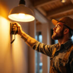 A photograph of a skilled lighting contractor expertly installing high hat lights in a modern residential space