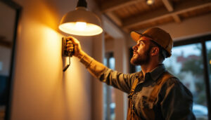 A photograph of a skilled lighting contractor expertly installing high hat lights in a modern residential space