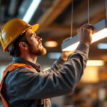 A photograph of a lighting contractor expertly installing or adjusting a sleek