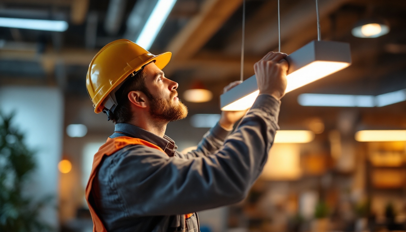 A photograph of a lighting contractor expertly installing or adjusting a sleek