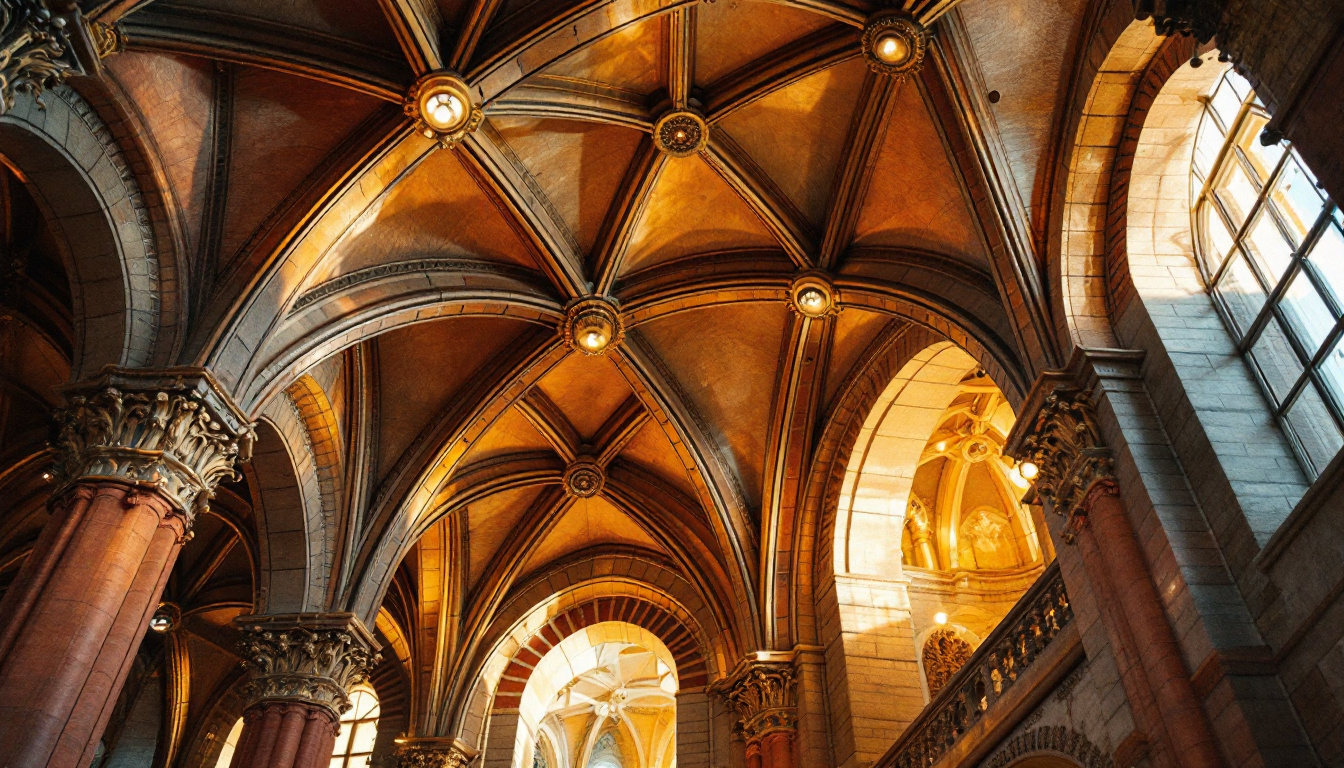 A photograph of a beautifully designed cathedral ceiling featuring stylish can lights