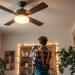 A photograph of a well-lit room featuring a stylish ceiling fan with integrated lighting
