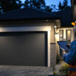 A photograph of a well-lit outdoor garage featuring stylish solar-powered lights