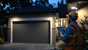 A photograph of a well-lit outdoor garage featuring stylish solar-powered lights
