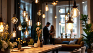 A photograph of a beautifully arranged display of small hanging lights in a stylish interior setting