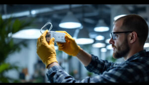A photograph of a lighting contractor expertly installing or adjusting a led driver in a commercial or residential setting