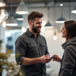 A photograph of a lighting contractor engaged in a dynamic sales conversation with a client