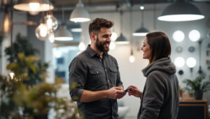 A photograph of a lighting contractor engaged in a dynamic sales conversation with a client