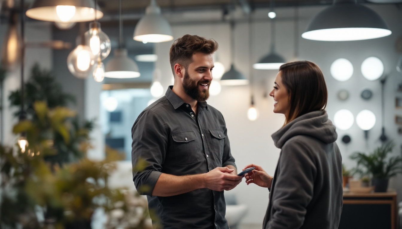 A photograph of a lighting contractor engaged in a dynamic sales conversation with a client