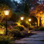 A photograph of a beautifully landscaped backyard illuminated by solar yard lamps at dusk