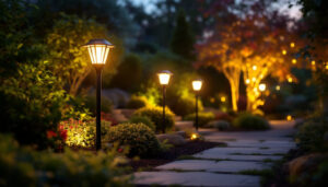 A photograph of a beautifully landscaped backyard illuminated by solar yard lamps at dusk