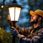 A photograph of a skilled lighting contractor expertly installing or adjusting a stylish lamp post in an outdoor setting