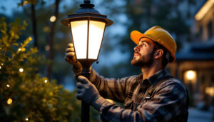 A photograph of a skilled lighting contractor expertly installing or adjusting a stylish lamp post in an outdoor setting