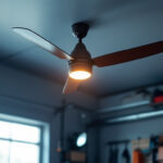 A photograph of a well-lit garage interior showcasing a stylish ceiling fan in action