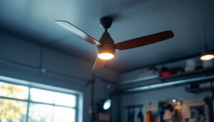 A photograph of a well-lit garage interior showcasing a stylish ceiling fan in action