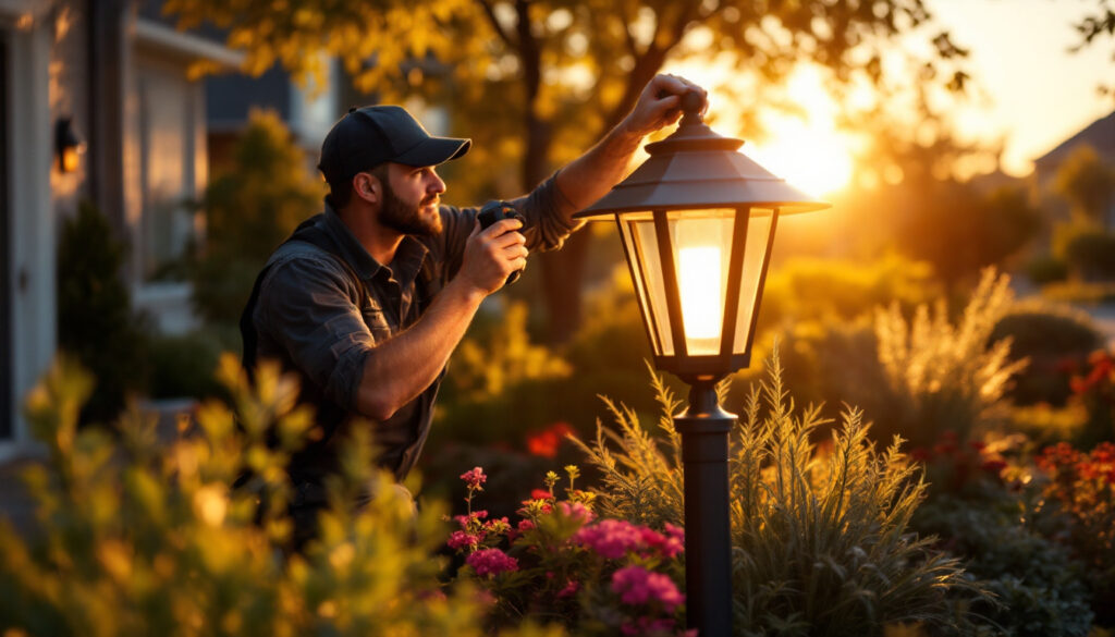 A photograph of a skilled lighting contractor installing a stylish yard lamp in a beautifully landscaped outdoor setting during the golden hour