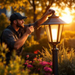 A photograph of a skilled lighting contractor installing a stylish yard lamp in a beautifully landscaped outdoor setting during the golden hour