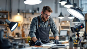 A photograph of a lighting contractor in action