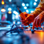 A photograph of a skilled lighting contractor expertly installing electric wire connectors in a well-lit