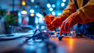 A photograph of a skilled lighting contractor expertly installing electric wire connectors in a well-lit