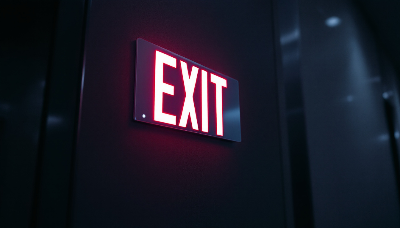 A photograph of a well-lit exit sign in a dimly lit environment