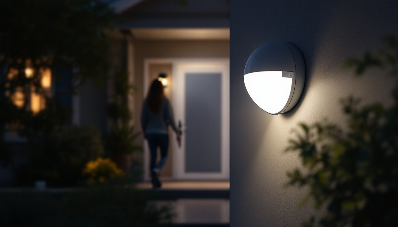 A photograph of a well-lit porch featuring an aesthetically pleasing motion detector light in action