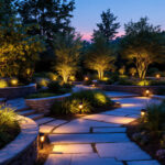 A photograph of a beautifully landscaped outdoor space illuminated by a variety of solar accent lights