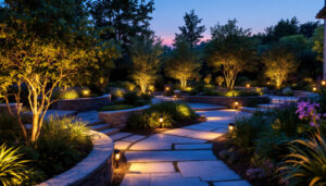 A photograph of a beautifully landscaped outdoor space illuminated by a variety of solar accent lights
