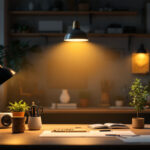 A photograph of a well-lit workspace featuring the 10 pack linkable shop lights in use