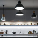 A photograph of a well-lit kitchen featuring a variety of stylish ceiling light fixtures
